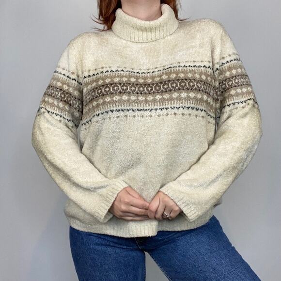 Vintage Y2K Size XL Croft & Barrow Neutral Tan Oversized Fuzzy Cowl Neck Sweater - Picture 3 of 12